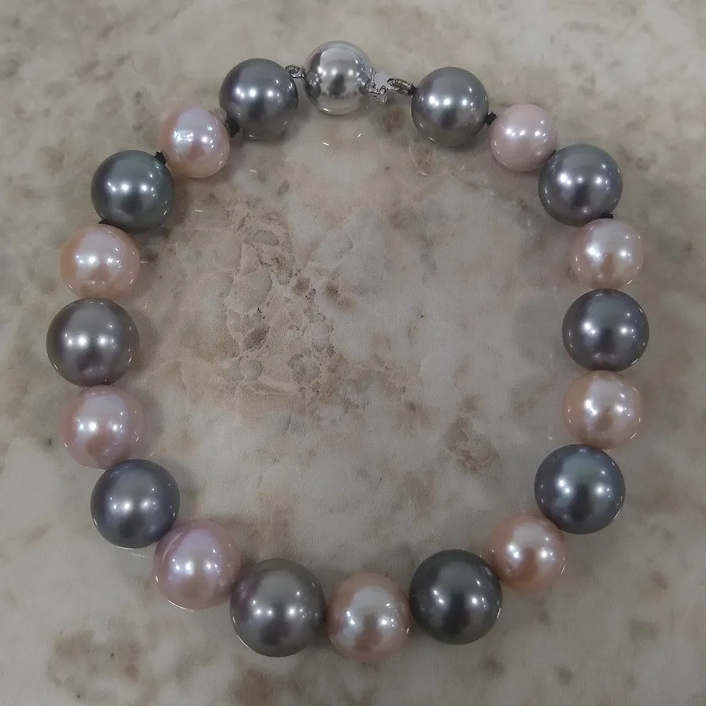 8-10mm Grey Tahitian Pearls and Pink Freshwater Pearl Bracelet