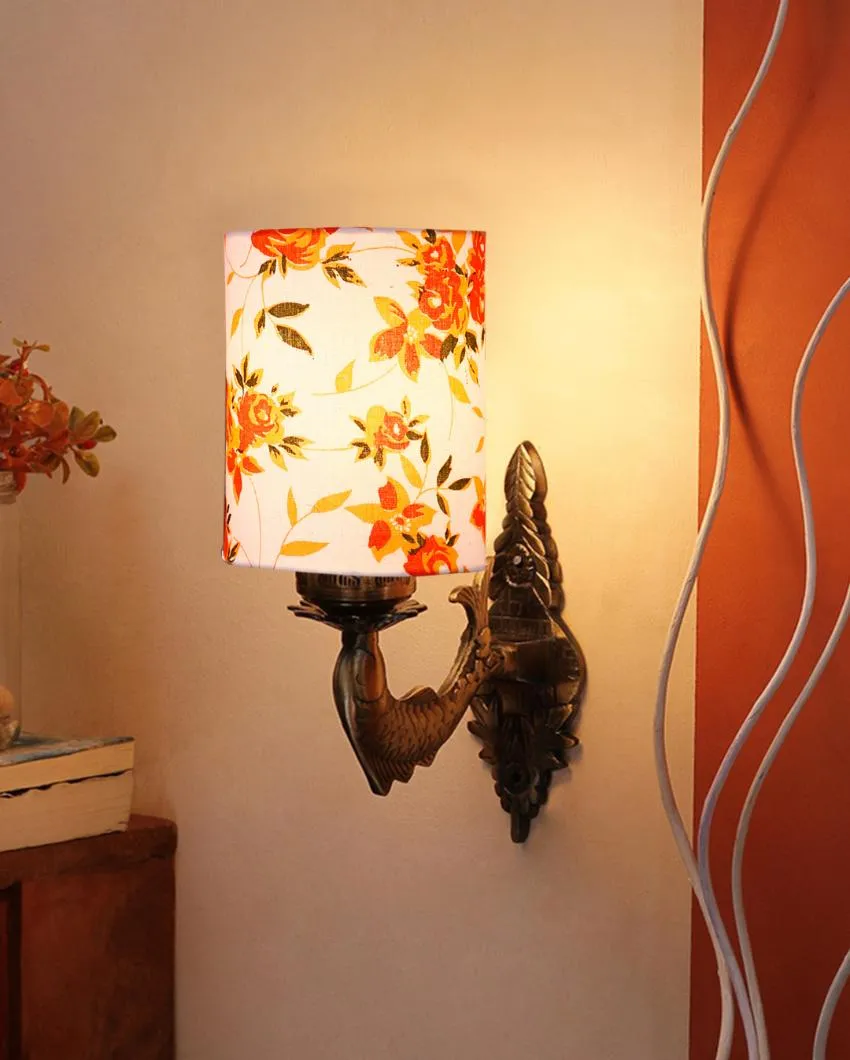 Alluring Antique Gold Cotton Conical Printed Shade Wall Lamp