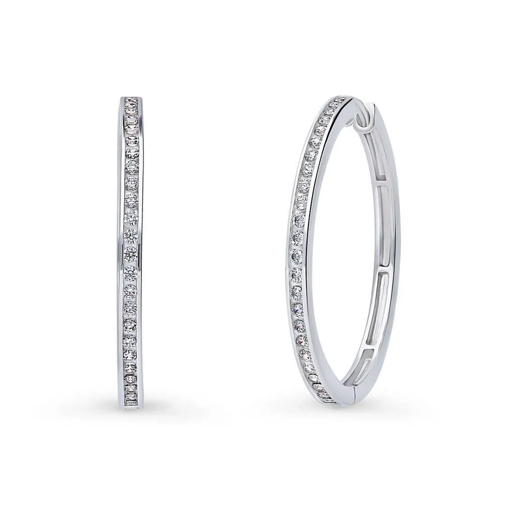 Bar CZ Medium Hoop Earrings in Sterling Silver