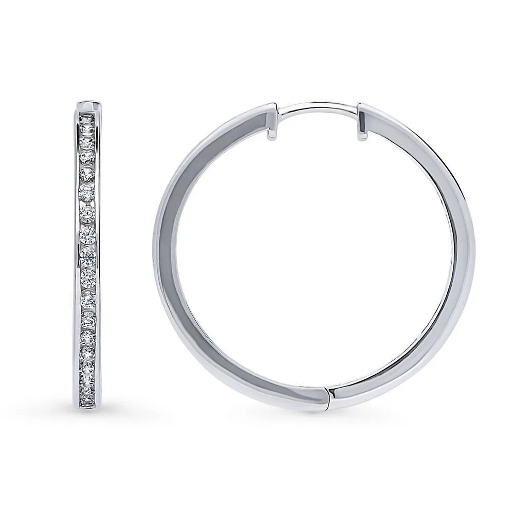 Bar CZ Medium Hoop Earrings in Sterling Silver