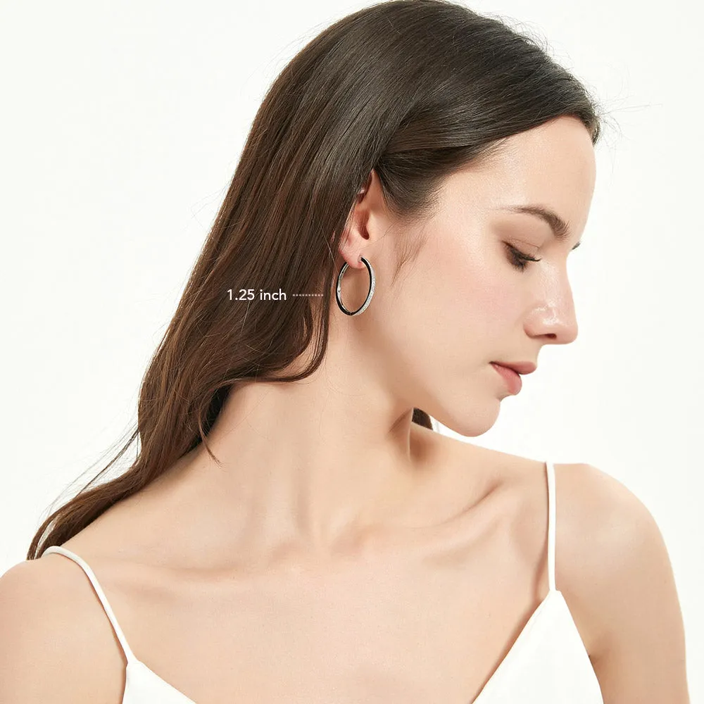 Bar CZ Medium Hoop Earrings in Sterling Silver