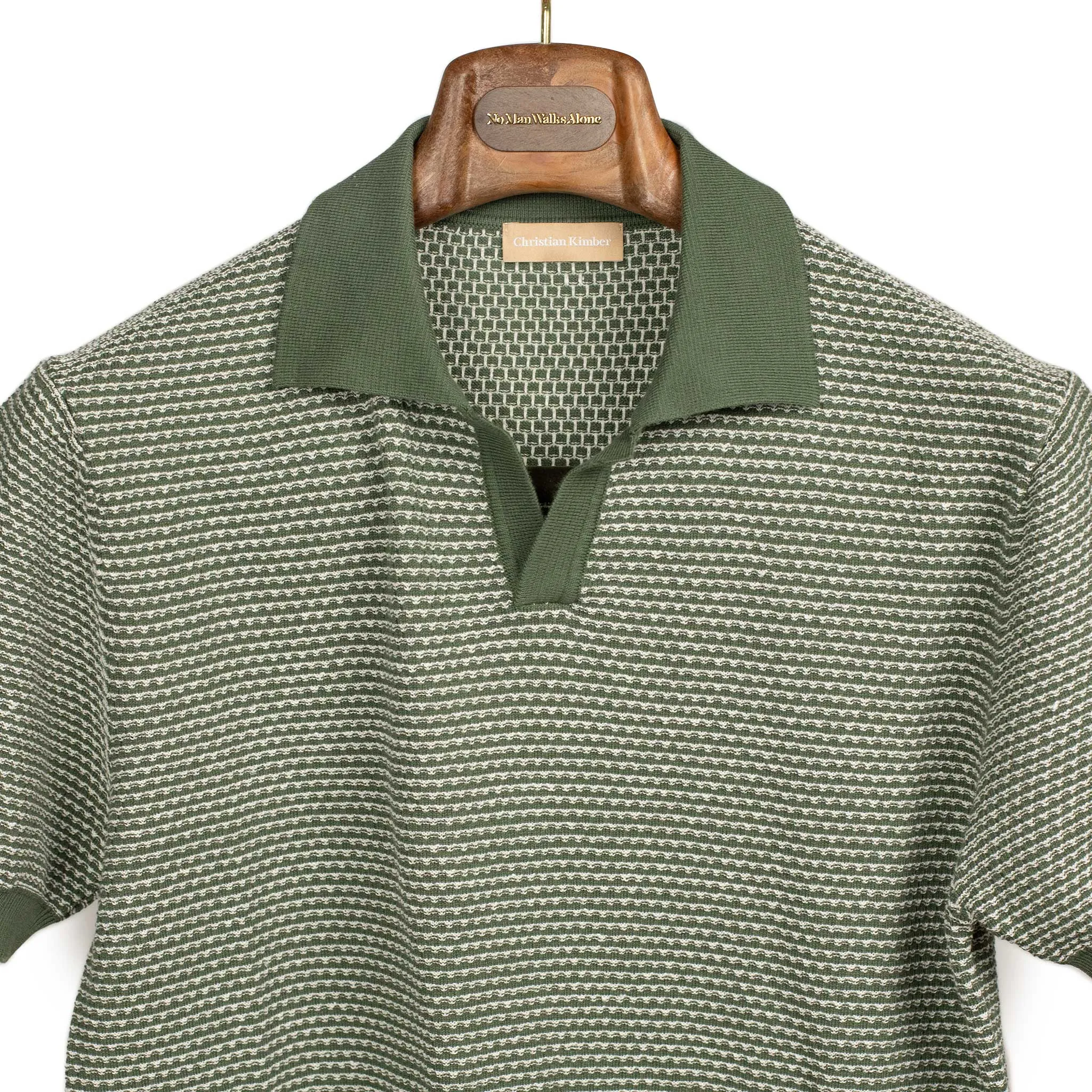 Beechworth short sleeve knit polo in green and white cotton and linen