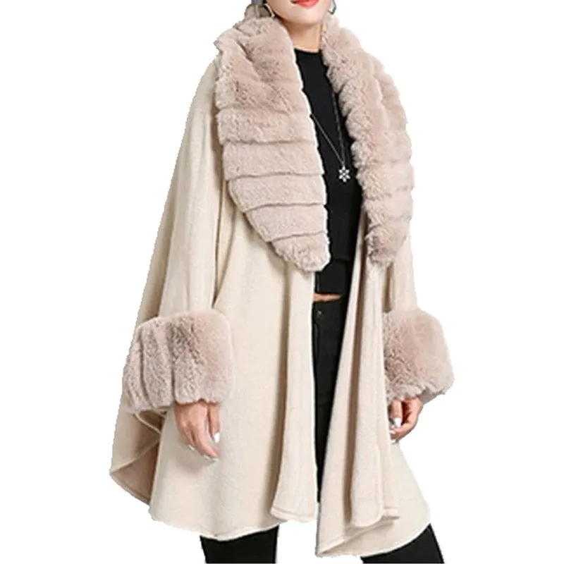 Elegant Faux Fur Trim Collar Cuffs Knit Poncho Ruana