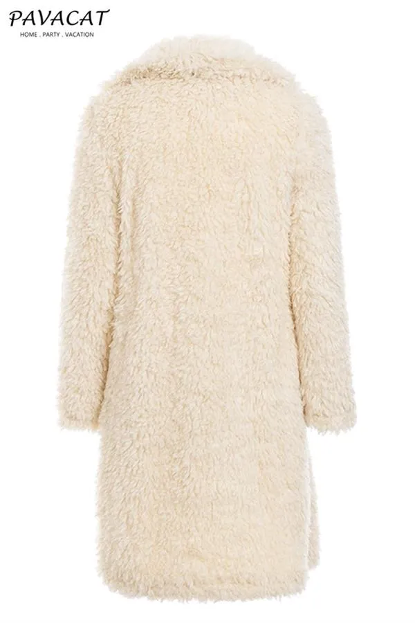 elveswallet Elegant Pink Long Faux Fur Coat