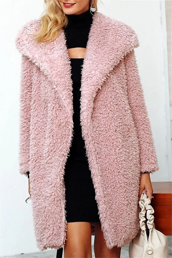 elveswallet Elegant Pink Long Faux Fur Coat