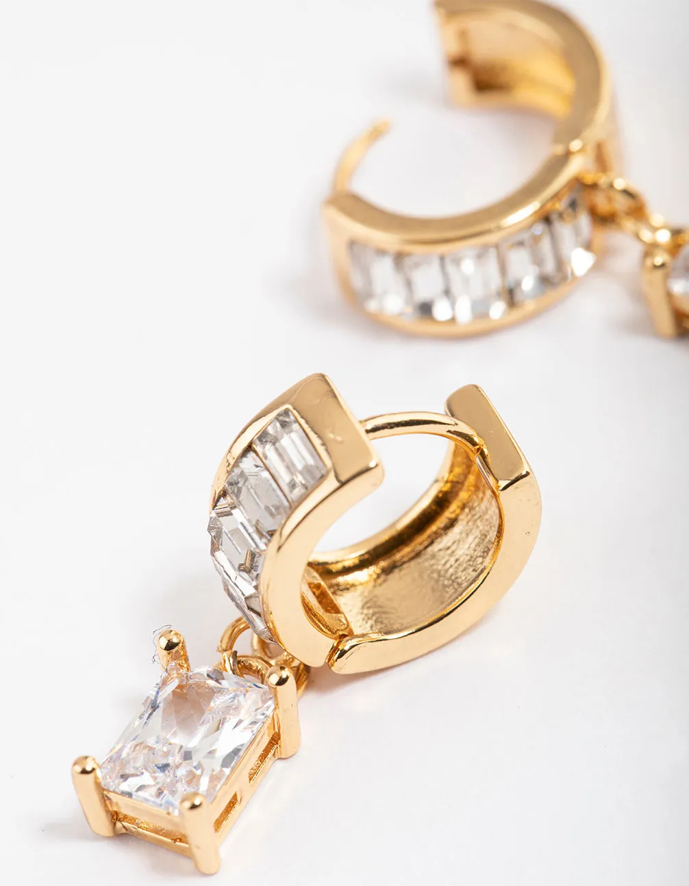 Gold Plated Cubic Zirconia Baguette Drop Huggie Earrings