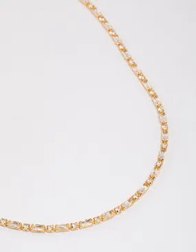 Gold Plated Cubic Zirconia Round & Baguette Tennis Necklace