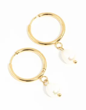 Gold Plated Stainless Steel Freshwater Pearl Thin Huggie Hoop Earrings