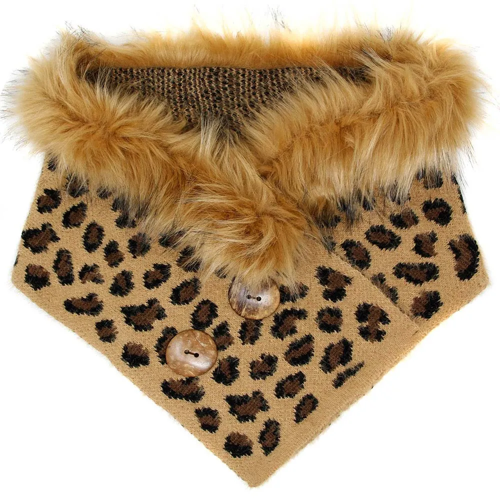 Leopard Faux Fur Chenille Triangle Tube Scarf Button Details