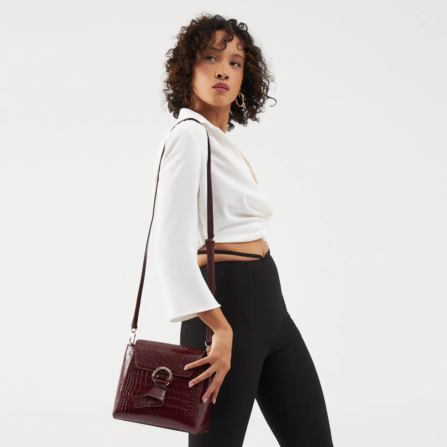 Midi Pimlico, Burgundy Top Handle Bag, Embossed