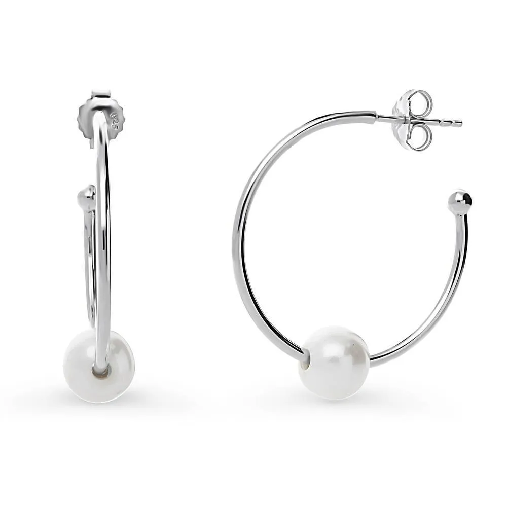 Solitaire Cultured Pearl Hoop Earrings in Sterling Silver 1.15