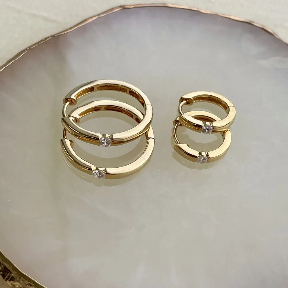 Solitaire CZ Small Hoop Earrings in Gold Flashed Sterling Silver