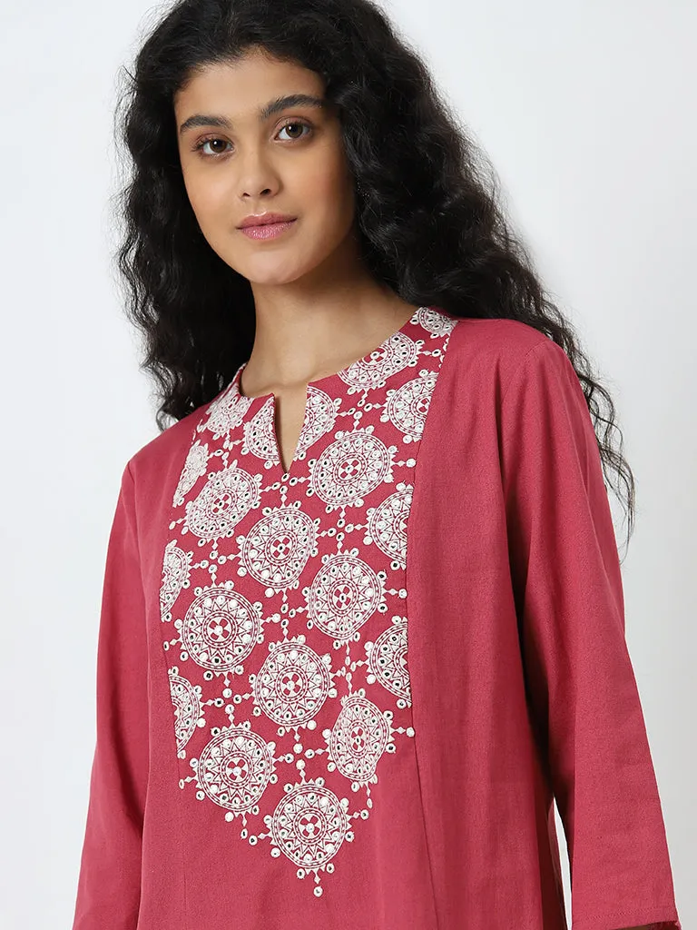 Utsa Crimson Pink Embroidered Cotton Blend A-Line Kurta