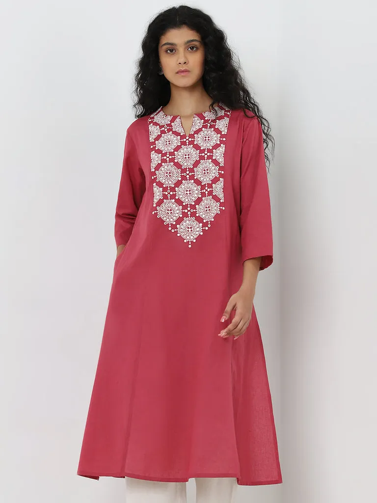 Utsa Crimson Pink Embroidered Cotton Blend A-Line Kurta