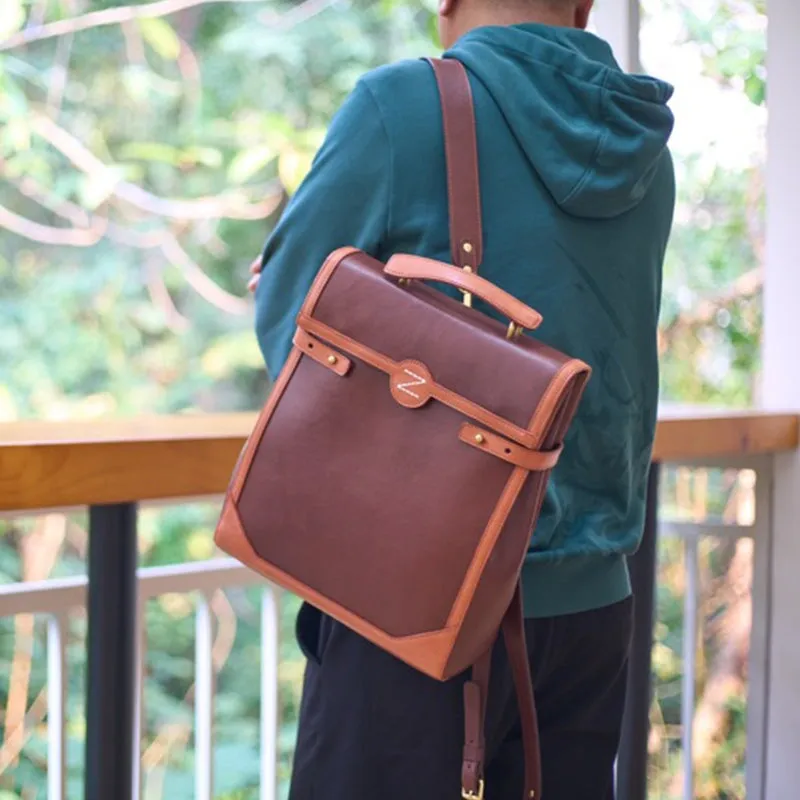 Vintage Fashion Vegetable Tanned Leather Colour Clash Backpack