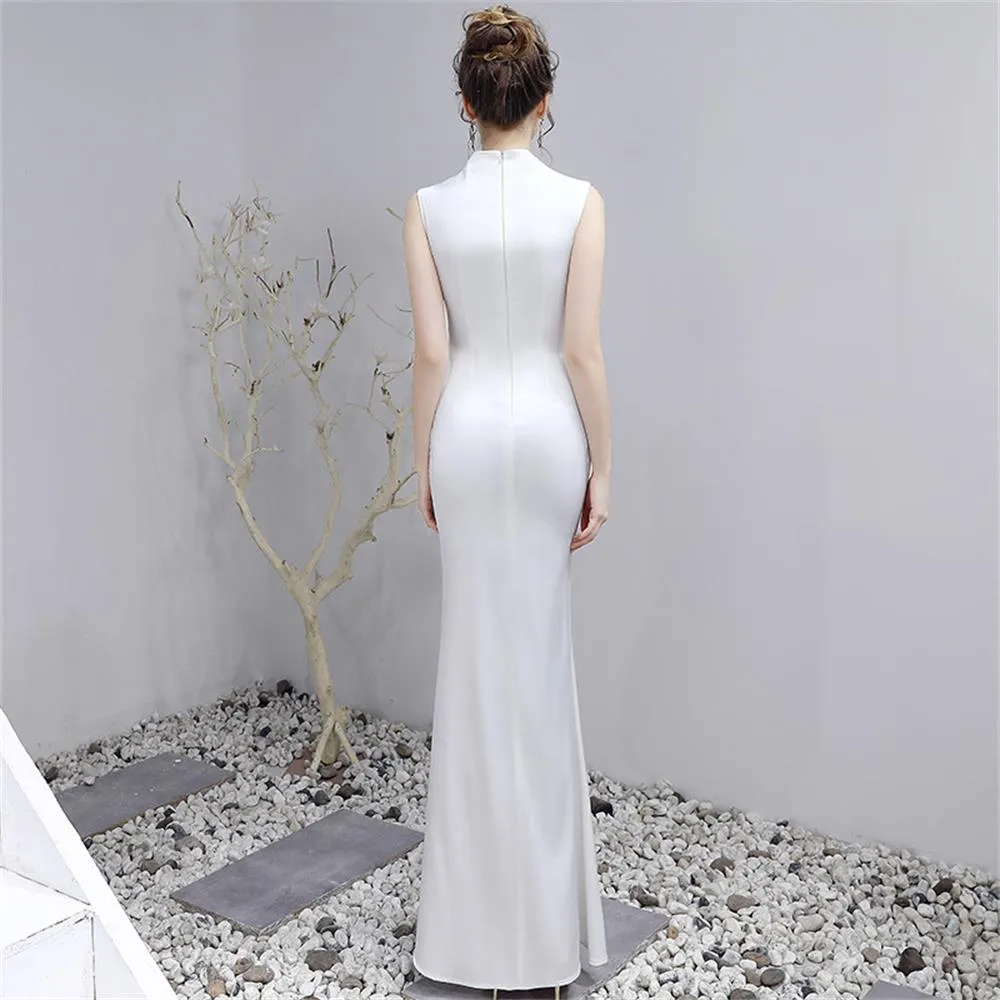 White V-neck Sleeveless Evening Dress Long Taffeta Prom Gown Side Split Robe applique Women Formal Dress XUCTHHC 2020 New