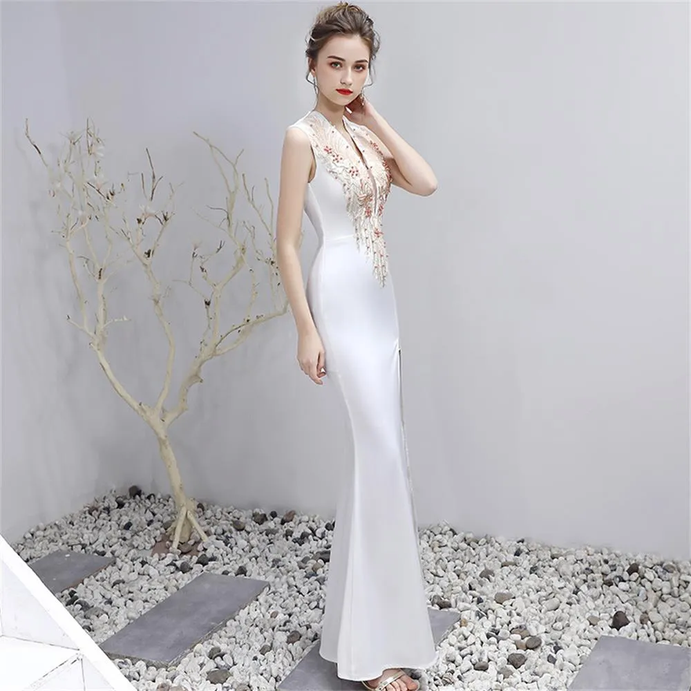 White V-neck Sleeveless Evening Dress Long Taffeta Prom Gown Side Split Robe applique Women Formal Dress XUCTHHC 2020 New