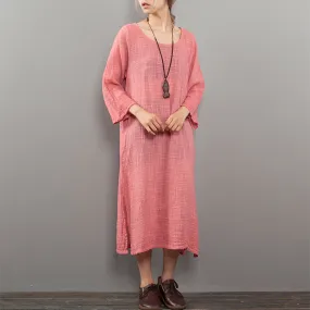 ZANZEA Summer Women O Neck 3/4 Sleeve Linen Solid Beach Mid Calf Dress Casual Loose Split Hem Party Kaftan Vestido Plus Size